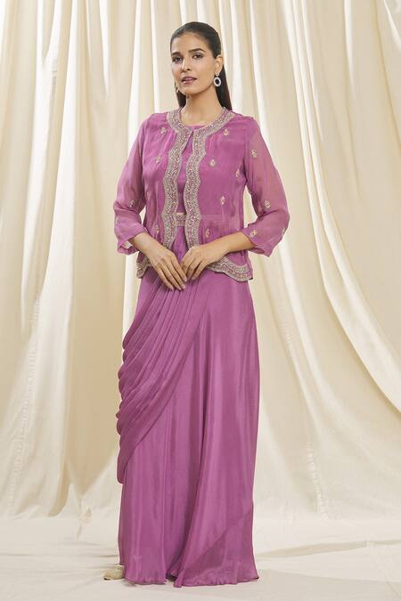 Buy Samyukta Singhania Purple Chiffon, Organza Zari, Embroidery Round Neck Jacket Skirt Saree Set Online at Aza Fashions Buy_Samyukta Singhania_Purple Chiffon, Organza Zari, Embroidery Round Neck Jacket Skirt Saree Set_Online_at_Aza_Fashions