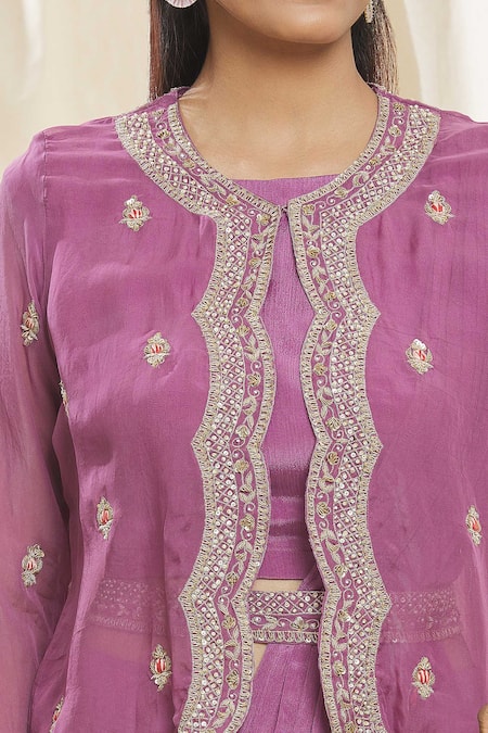 Shop Samyukta Singhania Purple Chiffon, Organza Zari, Embroidery Round Neck Jacket Skirt Saree Set Online at Aza Fashions Shop_Samyukta Singhania_Purple Chiffon, Organza Zari, Embroidery Round Neck Jacket Skirt Saree Set_Online_at_Aza_Fashions