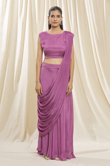 Samyukta Singhania Purple Chiffon, Organza Zari, Embroidery Round Neck Jacket Skirt Saree Set at Aza Fashions Samyukta Singhania_Purple Chiffon, Organza Zari, Embroidery Round Neck Jacket Skirt Saree Set_at_Aza_Fashions