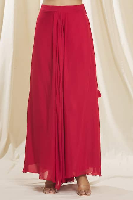 Samyukta Singhania_Red Chiffon, Organza Pearls, Sequins, Beads, Embroidery V-neck, Jacket Skirt Set_Online_at_Aza_Fashions