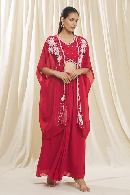 Buy_Samyukta Singhania_Red Chiffon, Organza Pearls, Sequins, Beads, Embroidery V-neck, Jacket Skirt Set_Online_at_Aza_Fashions