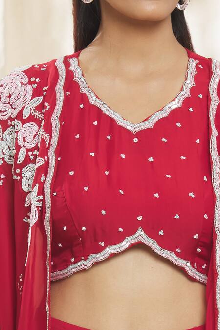 Shop_Samyukta Singhania_Red Chiffon, Organza Pearls, Sequins, Beads, Embroidery V-neck, Jacket Skirt Set_Online_at_Aza_Fashions