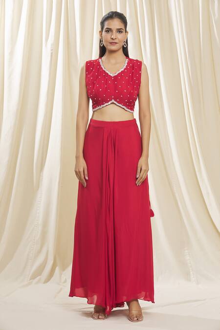 Samyukta Singhania_Red Chiffon, Organza Pearls, Sequins, Beads, Embroidery V-neck, Jacket Skirt Set_at_Aza_Fashions
