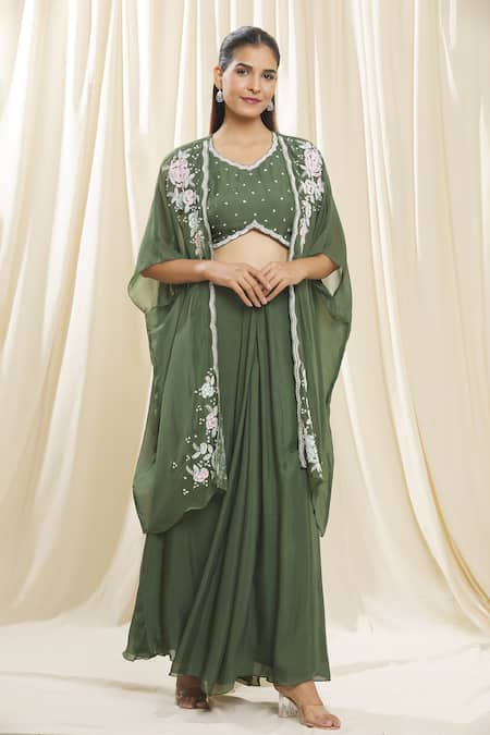 Samyukta Singhania Green Jacket Organza Embroidered Pearl Jacket Open Sequin Skirt Set 