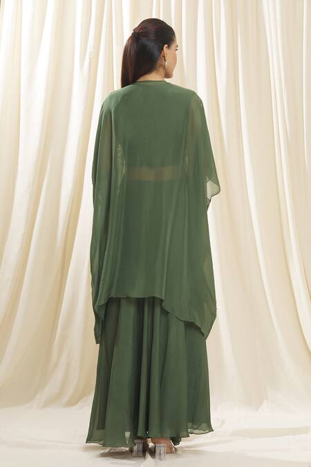 Shop Samyukta Singhania Green Chiffon, Organza Pearls, Sequins V-neck, Open Embroidered Jacket Skirt Set at Aza Fashions Shop_Samyukta Singhania_Green Chiffon, Organza Pearls, Sequins V-neck, Open Embroidered Jacket Skirt Set_at_Aza_Fashions