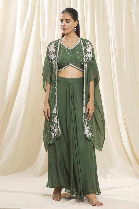 Buy Samyukta Singhania Green Chiffon, Organza Pearls, Sequins V-neck, Open Embroidered Jacket Skirt Set Online at Aza Fashions Buy_Samyukta Singhania_Green Chiffon, Organza Pearls, Sequins V-neck, Open Embroidered Jacket Skirt Set_Online_at_Aza_Fashions