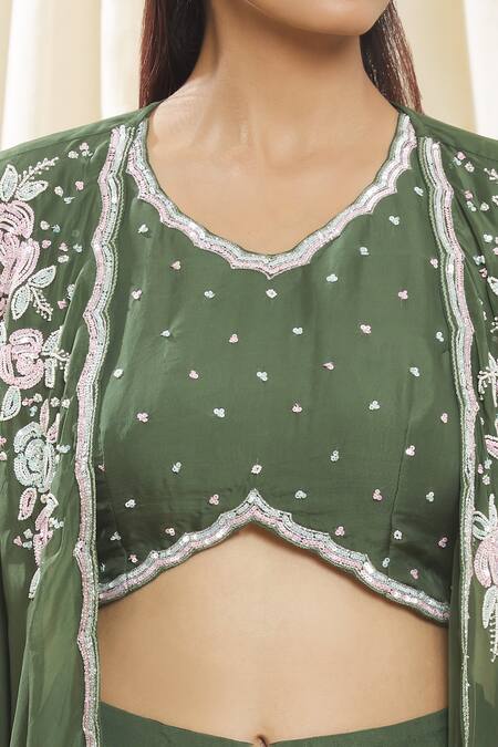 Shop Samyukta Singhania Green Chiffon, Organza Pearls, Sequins V-neck, Open Embroidered Jacket Skirt Set Online at Aza Fashions Shop_Samyukta Singhania_Green Chiffon, Organza Pearls, Sequins V-neck, Open Embroidered Jacket Skirt Set_Online_at_Aza_Fashions