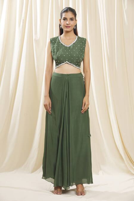 Samyukta Singhania Green Chiffon, Organza Pearls, Sequins V-neck, Open Embroidered Jacket Skirt Set at Aza Fashions Samyukta Singhania_Green Chiffon, Organza Pearls, Sequins V-neck, Open Embroidered Jacket Skirt Set_at_Aza_Fashions