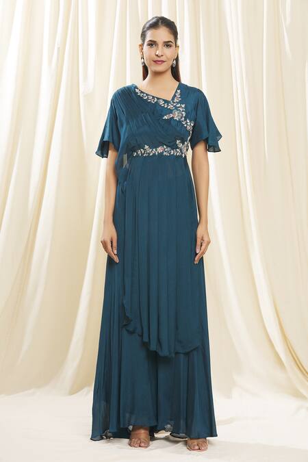 Samyukta Singhania_Green Chiffon, Denim Embroidery Asymmetric Draped Kurta And Palazzo Set_Online_at_Aza_Fashions