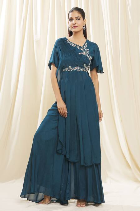 Buy_Samyukta Singhania_Green Chiffon, Denim Embroidery Asymmetric Draped Kurta And Palazzo Set_Online_at_Aza_Fashions
