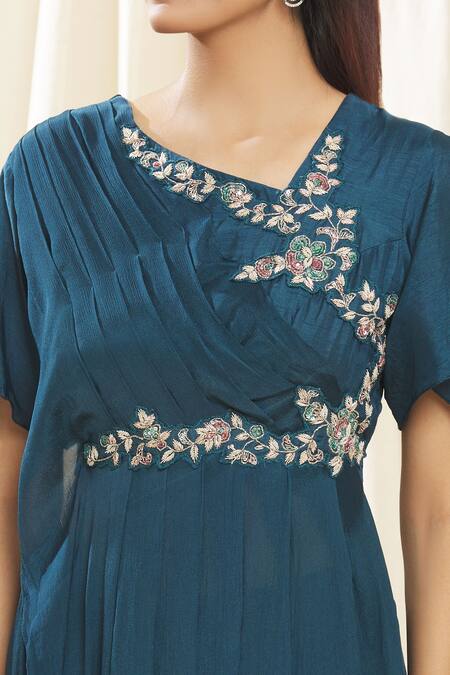 Shop_Samyukta Singhania_Green Chiffon, Denim Embroidery Asymmetric Draped Kurta And Palazzo Set_Online_at_Aza_Fashions