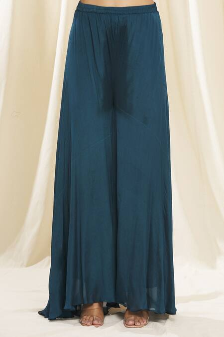 Samyukta Singhania_Green Chiffon, Denim Embroidery Asymmetric Draped Kurta And Palazzo Set_at_Aza_Fashions
