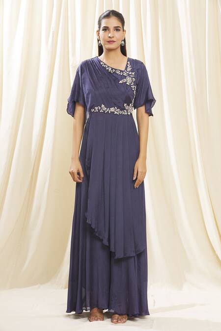 Samyukta Singhania_Purple Chiffon, Denim Embroidery Asymmetric Draped Kurta And Palazzo Set_Online_at_Aza_Fashions