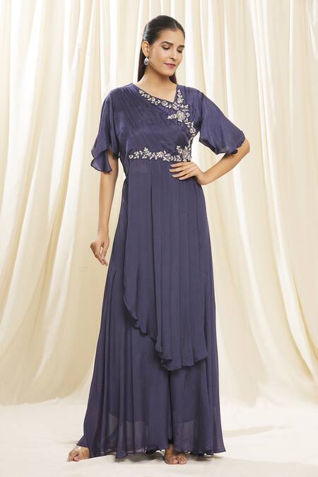 Buy_Samyukta Singhania_Purple Chiffon, Denim Embroidery Asymmetric Draped Kurta And Palazzo Set_Online_at_Aza_Fashions