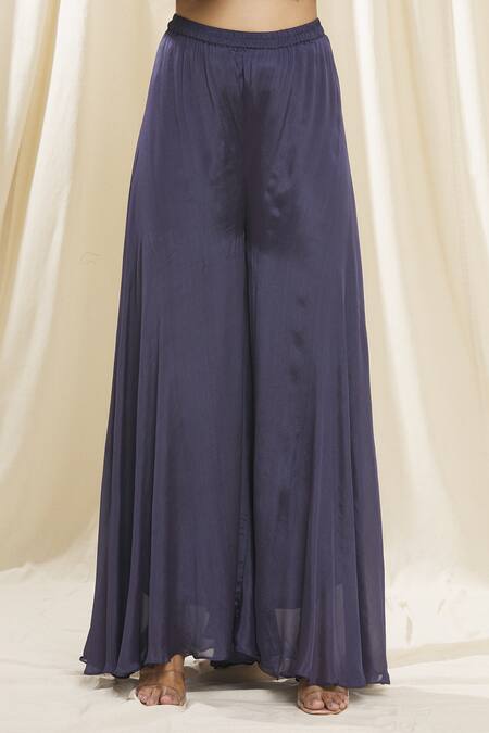 Samyukta Singhania_Purple Chiffon, Denim Embroidery Asymmetric Draped Kurta And Palazzo Set_at_Aza_Fashions