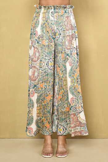 Naintara Bajaj_Multi Color Chinon Paisley Bloom Print Top With Accordion Pleated Flared Pant_Online_at_Aza_Fashions