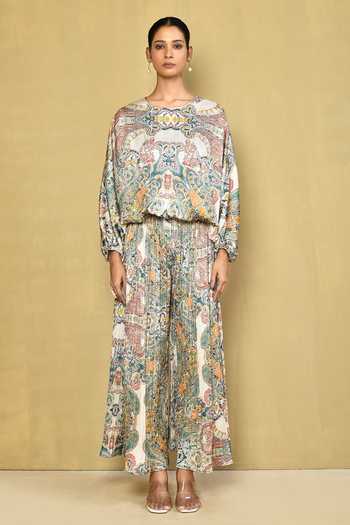 Buy_Naintara Bajaj_Multi Color Chinon Paisley Bloom Print Top With Accordion Pleated Flared Pant_Online_at_Aza_Fashions