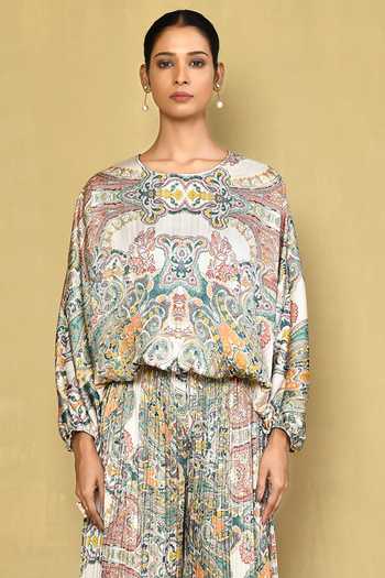Shop Naintara Bajaj Multi Color Chinon Paisley Bloom Print Top With Accordion Pleated Flared Pant Online at Aza Fashions Shop_Naintara Bajaj_Multi Color Chinon Paisley Bloom Print Top With Accordion Pleated Flared Pant_Online_at_Aza_Fashions