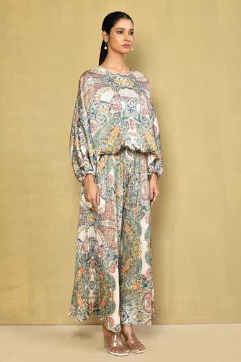 Naintara Bajaj_Multi Color Chinon Paisley Bloom Print Top With Accordion Pleated Flared Pant_at_Aza_Fashions