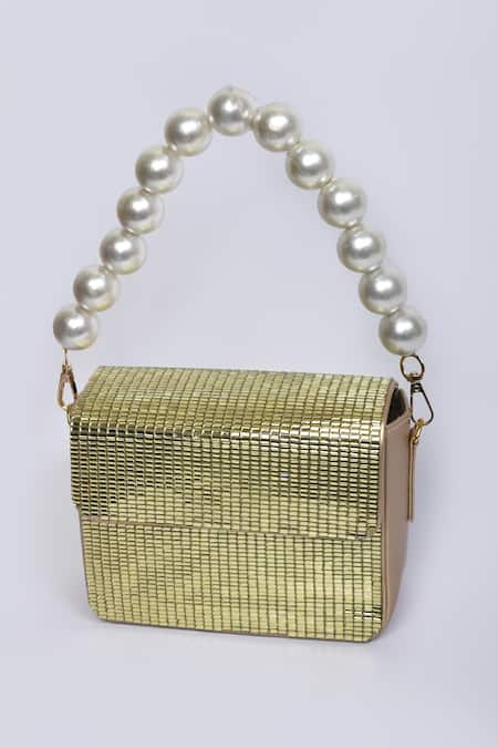 Buy Gold Mirror Rhinestone Encrusted Box Flap Clutch Bag by Nayaab