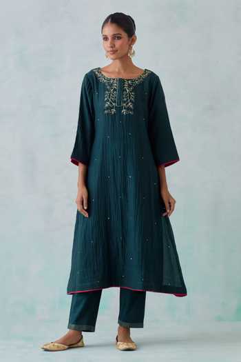Chanderi Sequin Yoke Embroidered Calf Length Kurta Gathered At Side