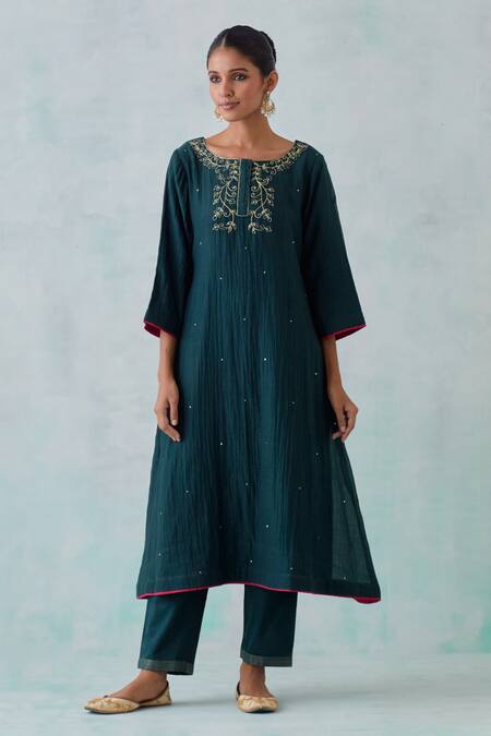 Priya Chaudhary_Green Cotton, Chanderi Sequins, Embroidery Round Amaryllis Yoke Kurta Pant Set _Online_at_Aza_Fashions
