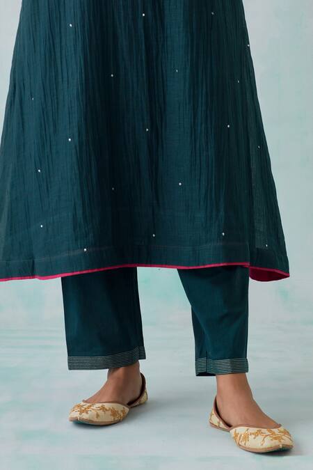 Shop_Priya Chaudhary_Green Cotton, Chanderi Sequins, Embroidery Round Amaryllis Yoke Kurta Pant Set _Online_at_Aza_Fashions