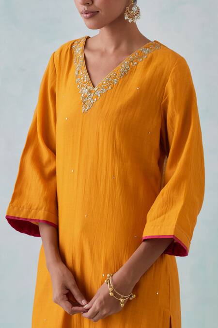 Buy Priya Chaudhary Yellow Cotton, Chanderi Sequins, Embroidery V-neck Kurta And Pant Set Online at Aza Fashions Buy_Priya Chaudhary_Yellow Cotton, Chanderi Sequins, Embroidery V-neck Kurta And Pant Set _Online_at_Aza_Fashions