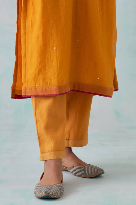 Shop Priya Chaudhary Yellow Cotton, Chanderi Sequins, Embroidery V-neck Kurta And Pant Set Online at Aza Fashions Shop_Priya Chaudhary_Yellow Cotton, Chanderi Sequins, Embroidery V-neck Kurta And Pant Set _Online_at_Aza_Fashions