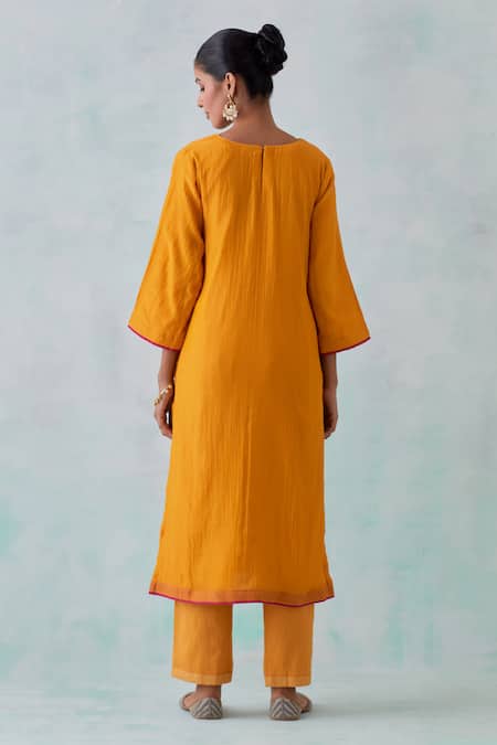 Shop Priya Chaudhary Yellow Cotton, Chanderi Sequins, Embroidery V-neck Kurta And Pant Set at Aza Fashions Shop_Priya Chaudhary_Yellow Cotton, Chanderi Sequins, Embroidery V-neck Kurta And Pant Set _at_Aza_Fashions