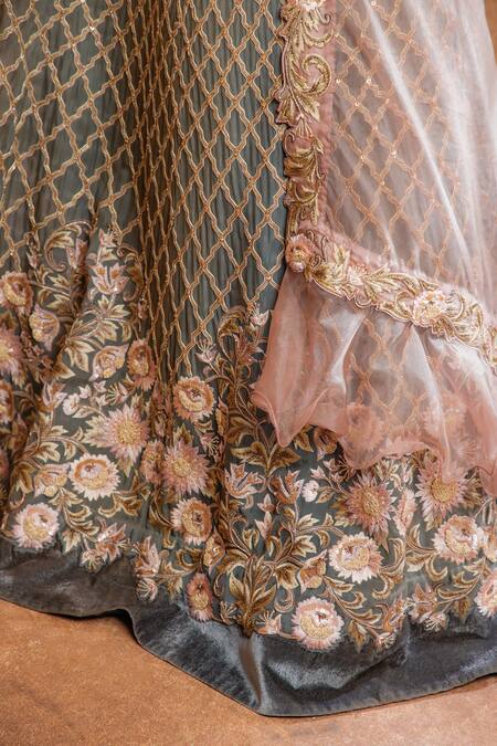 Shop Omana By Ranjana Bothra Grey Net, Organza Sequins, Zari, Beads, Alila Mughal Embroidered Lehenga Set Online at Aza Fashions Shop_Omana By Ranjana Bothra_Grey Net, Organza Sequins, Zari, Beads, Alila Mughal Embroidered Lehenga Set _Online_at_Aza_Fashions