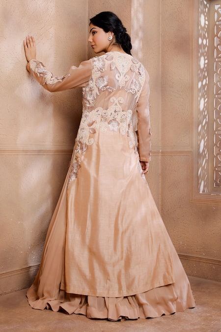 Shop Omana By Ranjana Bothra Pink Cotton, Silk, Organza, Georgette Sequins, Beads, Floral Jacket Lehenga Set at Aza Fashions Shop_Omana By Ranjana Bothra_Pink Cotton, Silk, Organza, Georgette Sequins, Beads, Floral Jacket Lehenga Set _at_Aza_Fashions