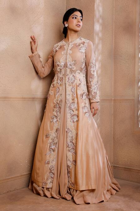 Omana By Ranjana Bothra Pink Cotton, Silk, Organza, Georgette Sequins, Beads, Floral Jacket Lehenga Set Online at Aza Fashions Omana By Ranjana Bothra_Pink Cotton, Silk, Organza, Georgette Sequins, Beads, Floral Jacket Lehenga Set _Online_at_Aza_Fashions