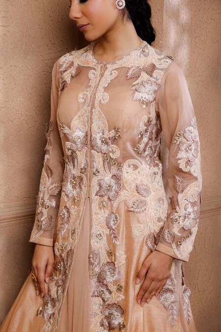 Shop Omana By Ranjana Bothra Pink Cotton, Silk, Organza, Georgette Sequins, Beads, Floral Jacket Lehenga Set Online at Aza Fashions Shop_Omana By Ranjana Bothra_Pink Cotton, Silk, Organza, Georgette Sequins, Beads, Floral Jacket Lehenga Set _Online_at_Aza_Fashions