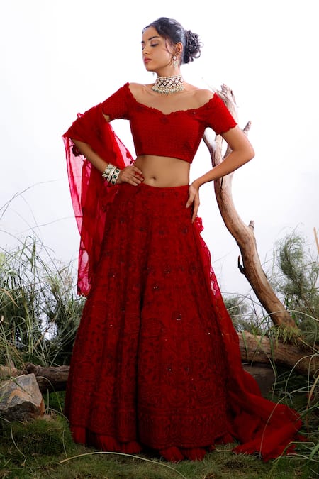 Buy Red Georgette Embroidery Resham Deep V Neck Lehenga Set With Blouse For  Women by Pouli Pret Online at Aza Fashions.