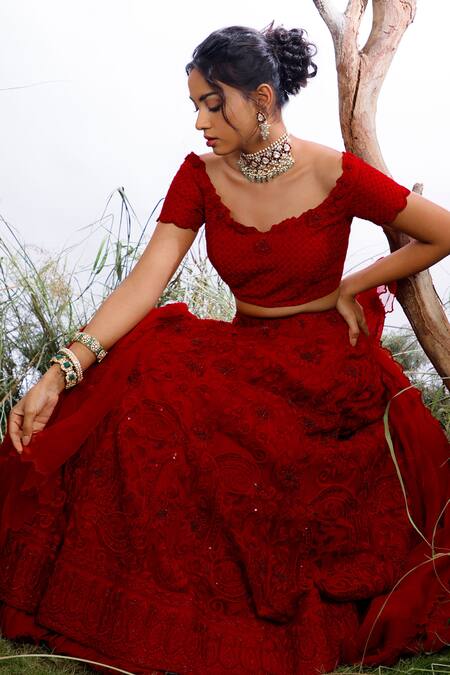 Buy_Omana By Ranjana Bothra_Red Organza, Silk Sequins, Beads, Zari, Embroidery Mughal Bridal Lehenga Set _Online_at_Aza_Fashions