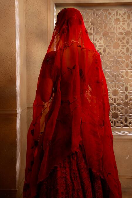 Shop_Omana By Ranjana Bothra_Red Organza, Silk Sequins, Beads, Zari, Embroidery Mughal Bridal Lehenga Set _Online_at_Aza_Fashions