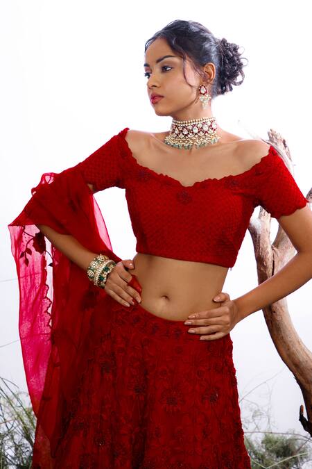 Omana By Ranjana Bothra_Red Organza, Silk Sequins, Beads, Zari, Embroidery Mughal Bridal Lehenga Set _at_Aza_Fashions