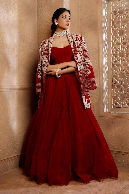 OMANA BY RANJANA BOTHRA Red Jacket Organza Embroidery Cutdana Jacket Open Shahi Flower Lehenga Set 