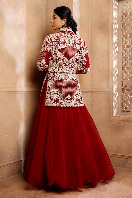 Shop Omana By Ranjana Bothra Red Silk, Organza Cut Work, Pearls, Shahi Flower Embroidered Jacket Lehenga Set at Aza Fashions Shop_Omana By Ranjana Bothra_Red Silk, Organza Cut Work, Pearls, Shahi Flower Embroidered Jacket Lehenga Set _at_Aza_Fashions