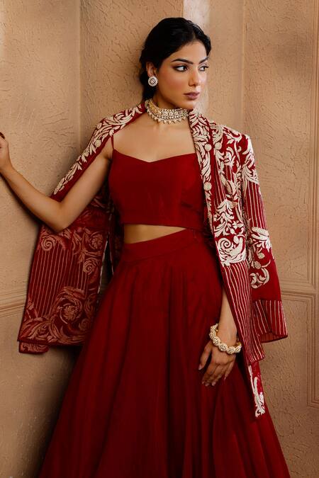 Omana By Ranjana Bothra Red Silk, Organza Cut Work, Pearls, Shahi Flower Embroidered Jacket Lehenga Set Online at Aza Fashions Omana By Ranjana Bothra_Red Silk, Organza Cut Work, Pearls, Shahi Flower Embroidered Jacket Lehenga Set _Online_at_Aza_Fashions
