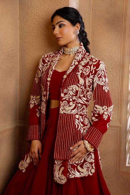 Omana By Ranjana Bothra Red Silk, Organza Cut Work, Pearls, Shahi Flower Embroidered Jacket Lehenga Set at Aza Fashions Omana By Ranjana Bothra_Red Silk, Organza Cut Work, Pearls, Shahi Flower Embroidered Jacket Lehenga Set _at_Aza_Fashions