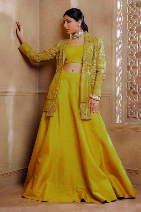 Buy Omana By Ranjana Bothra Yellow Silk, Organza Cut Work, Embroidery, Shahi Flower Jacket Lehenga Set Online at Aza Fashions Buy_Omana By Ranjana Bothra_Yellow Silk, Organza Cut Work, Embroidery, Shahi Flower Jacket Lehenga Set _Online_at_Aza_Fashions