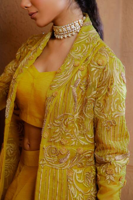 Shop Omana By Ranjana Bothra Yellow Silk, Organza Cut Work, Embroidery, Shahi Flower Jacket Lehenga Set Online at Aza Fashions Shop_Omana By Ranjana Bothra_Yellow Silk, Organza Cut Work, Embroidery, Shahi Flower Jacket Lehenga Set _Online_at_Aza_Fashions