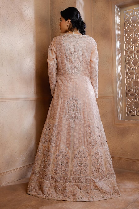 Shop Omana By Ranjana Bothra Pink Organza, Silk, Georgette Embroidery, Sequins, Botanical Jacket Lehenga Set at Aza Fashions Shop_Omana By Ranjana Bothra_Pink Organza, Silk, Georgette Embroidery, Sequins, Botanical Jacket Lehenga Set _at_Aza_Fashions