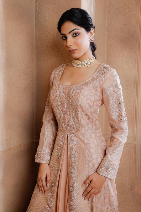 Omana By Ranjana Bothra Pink Organza, Silk, Georgette Embroidery, Sequins, Botanical Jacket Lehenga Set at Aza Fashions Omana By Ranjana Bothra_Pink Organza, Silk, Georgette Embroidery, Sequins, Botanical Jacket Lehenga Set _at_Aza_Fashions