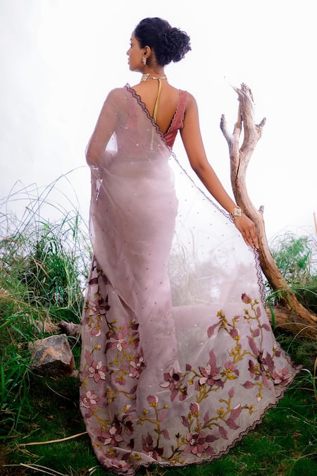 Shop Omana By Ranjana Bothra Pink Organza, Silk, Cotton Cut Work, Beads, Lily 3d Floral Saree With Blouse at Aza Fashions Shop_Omana By Ranjana Bothra_Pink Organza, Silk, Cotton Cut Work, Beads, Lily 3d Floral Saree With Blouse _at_Aza_Fashions