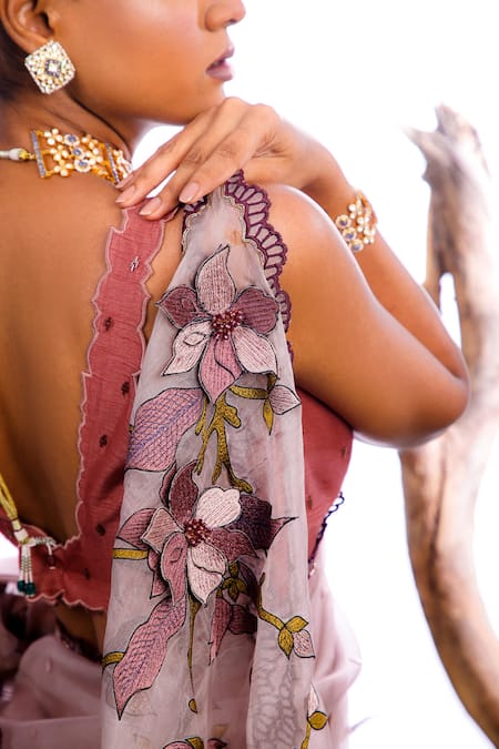 Shop Omana By Ranjana Bothra Pink Organza, Silk, Cotton Cut Work, Beads, Lily 3d Floral Saree With Blouse Online at Aza Fashions Shop_Omana By Ranjana Bothra_Pink Organza, Silk, Cotton Cut Work, Beads, Lily 3d Floral Saree With Blouse _Online_at_Aza_Fashions