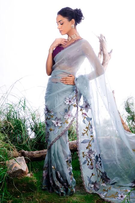 Shop_Omana By Ranjana Bothra_Blue Organza, Silk Beads, Cut Work, Embroidery Lily 3d Flower Saree With Blouse _at_Aza_Fashions