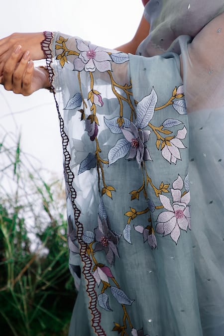 Omana By Ranjana Bothra_Blue Organza, Silk Beads, Cut Work, Embroidery Lily 3d Flower Saree With Blouse _Online_at_Aza_Fashions